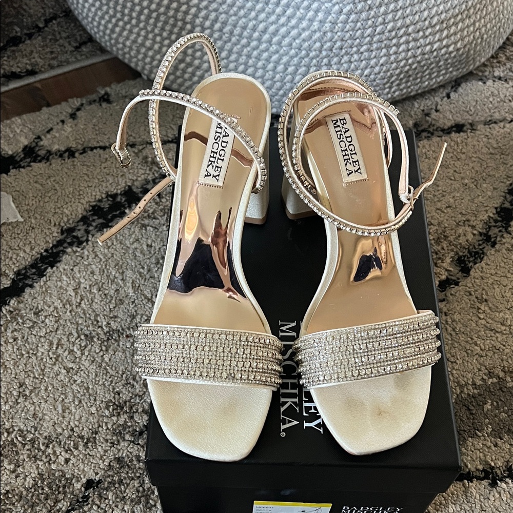 Badgley Mischka Cream Heels with Rhinestone Straps